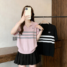 批发实拍2026夏装新款胖mm大码polo领冰丝短袖针织衫宽松条纹正肩上衣