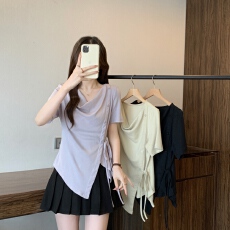 批发实拍2026夏季新款胖mm大码不规则绑带荡领短袖T恤设计感显瘦上衣