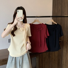 批发实拍2026夏季新款<b class='q'>胖</b>mm<b class='q'>大码</b>显瘦正肩收腰短袖T恤设计感蝴蝶结上衣