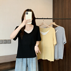 批发实拍2026夏季新款胖mm大码女拼接假两件撞色短袖<b class='q'>T</b><b class='q'>恤</b>正肩显瘦上衣