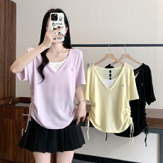 批发实拍2026夏季新款胖mm大码女假两件抽绳V领短袖T恤设计感修身上衣