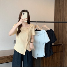 批发实拍2026<b class='q'>夏</b>装新款胖mm大码娃娃领收腰短袖T恤不规则纯欲修身上衣