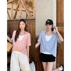 实拍大码韩系假两件V领T恤2026夏季新款胖mm遮肉显瘦翻领短袖上衣