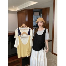 批发实拍2026夏装新款胖mm<b class='q'>大码</b>女拼接假两件短袖针织衫设计感抽绳上衣