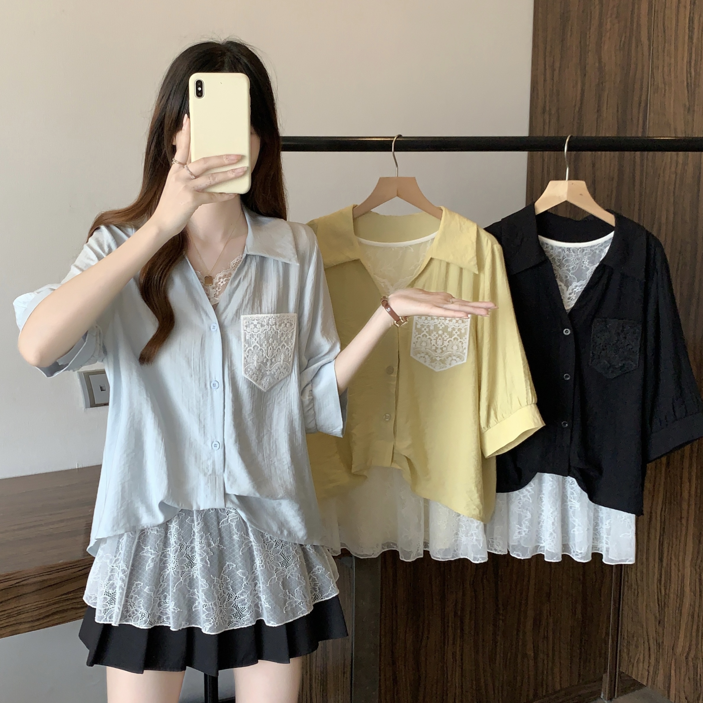 실사 빅 사이즈 2026 여름 지방 mm 빅 사이즈 패치워크 페이크 레이어드 레이스 반팔 셔츠 디자인 센스 슬림해 보이는 맨위