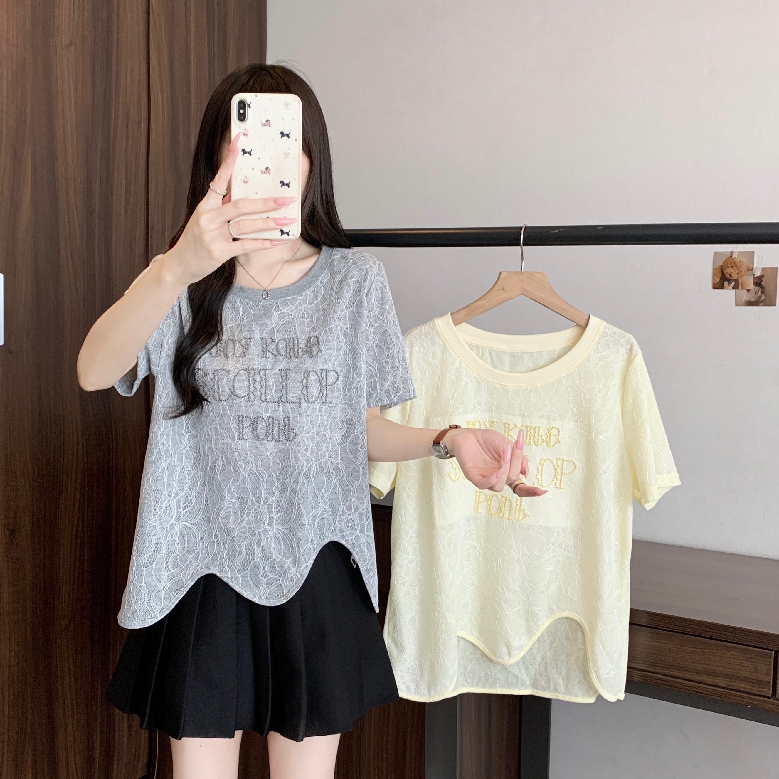 실사 2026 여름 새로운 새로운 지방 mm 빅 사이즈 자수 레이스 반팔 티셔츠 디자인 센스 물결무늬 곡물 맨위