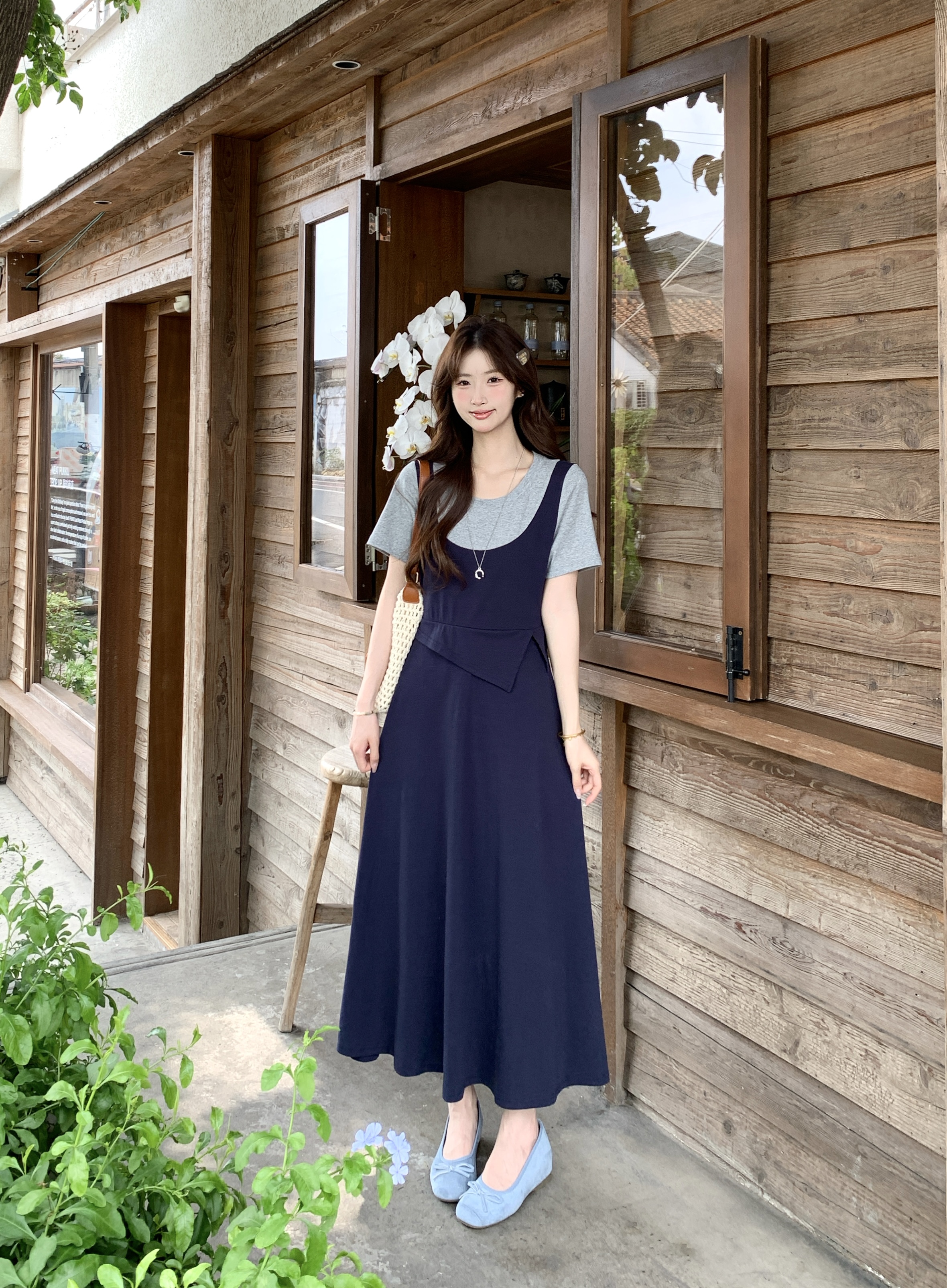 실사 2026 여름 새로운 지방 mm 빅 사이즈 패치워크 페이크 레이어드 반팔 드레스 디자인 센스 허리 수축 중간 길이 스커트