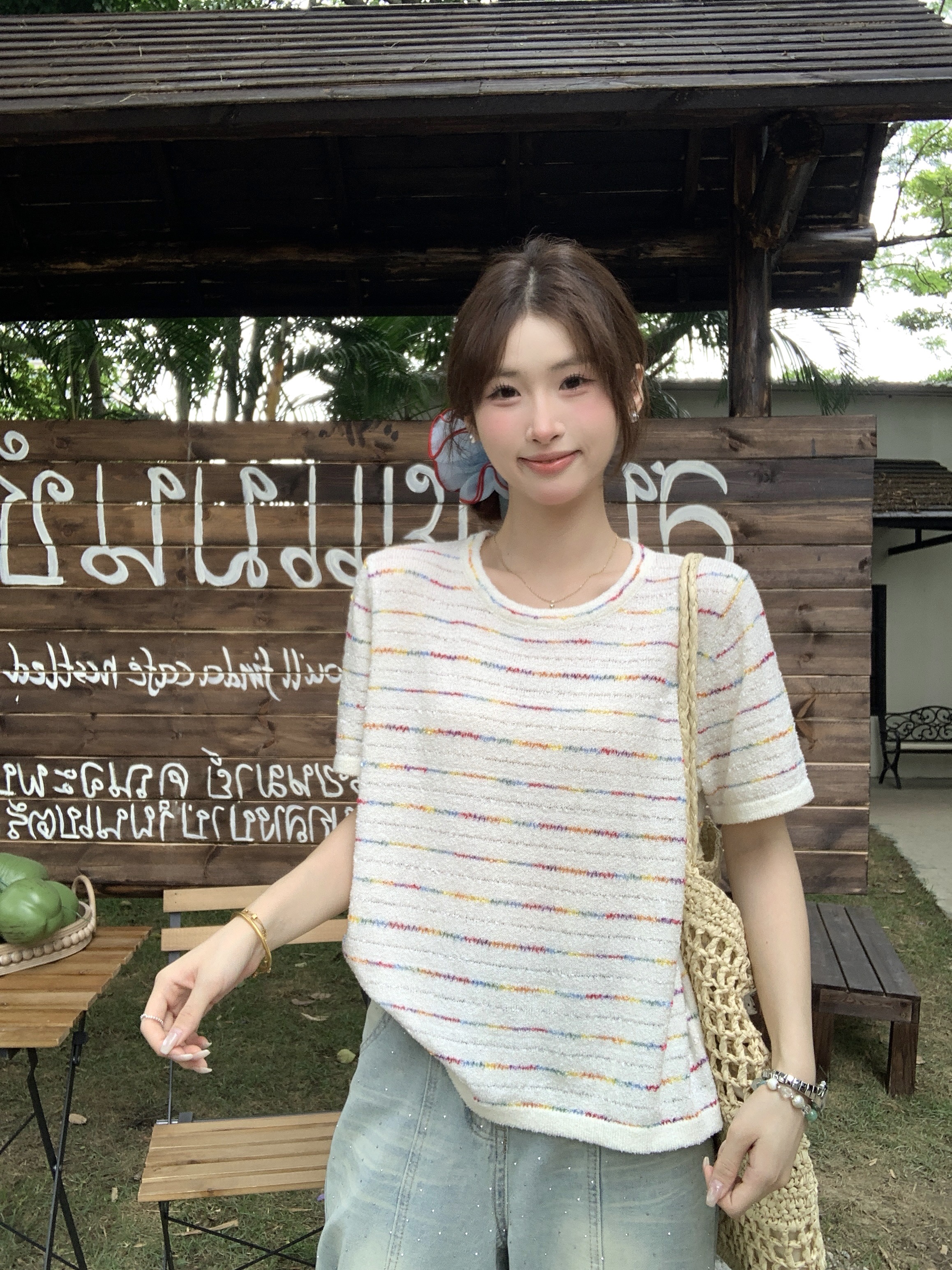 실사 2026 여름 드레스 새로운 지방 mm 빅 사이즈 작은 샤넬 스타일 스트라이프 반팔 니트 스웨터 프랑스식 품격 긍정적 인 어깨 의류