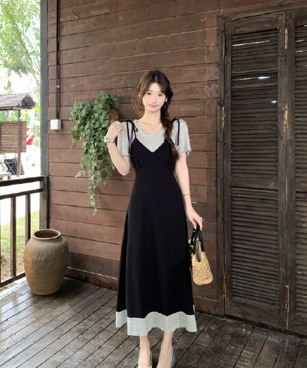 실사 2026 여름 새로운 지방 mm 빅 사이즈 여성 프랑스식 페이크 레이어드 반팔 드레스 허리 수축 패치워크 슬립 드레스