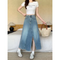 批发实拍2026<b class='q'>夏</b>季新款胖mm大码女高腰开叉牛仔半身裙宽松中长款A字裙