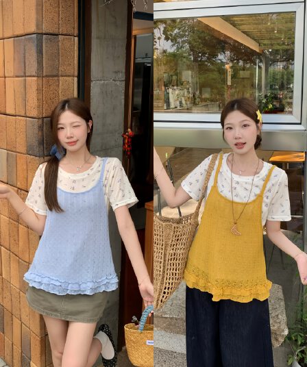 실사 2026 여름 새로운 지방 mm 여성 한 부서 레이스 홀로우 아웃 슬립 티셔츠 사실 두 조각 스택 착용 조끼 맨위
