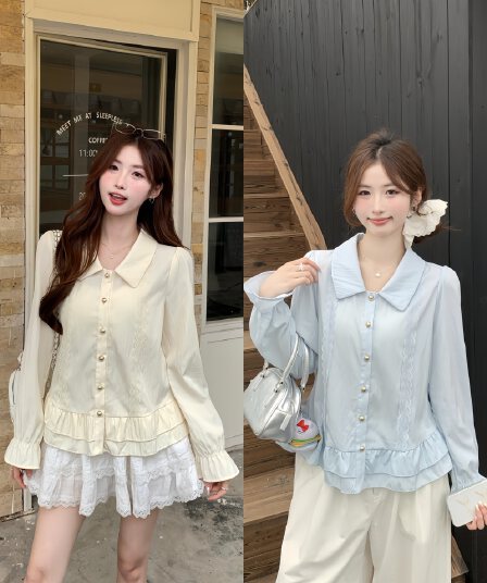 실사 2026 가을 새로운 지방 mm 빅 사이즈 프랑스식 베이비 칼라 긴팔 셔츠 연령 감소 프릴 Chic 작은 셔츠