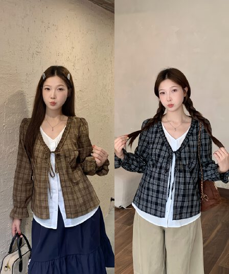 실사 2026 가을 의상 새로운 지방 mm 빅 사이즈 여성 한 부서 레트로 체크무늬 긴팔 맨위 페이크 레이어드 레이스업 작은 셔츠