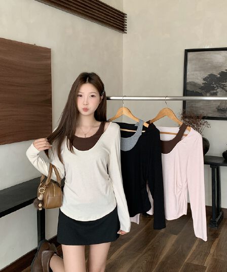 실사 2026 가을 새로운 지방 mm 빅 사이즈 한 부서 페이크 레이어드 긴팔 티셔츠 디자인 센스 홀로우 아웃 몸매 가꾸기 맨위