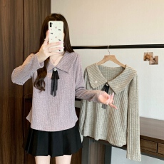 批发实拍2026秋<b class='q'>冬</b>新款胖mm女娃娃领蝴蝶结长袖T恤法式小香风内搭上衣