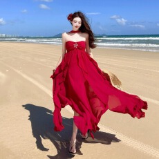 批发挂脖连衣裙女夏高级感小礼服不规则抹胸荷叶边性感露背度假风<b class='q'>长裙</b>