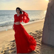 批发实拍夏季新款波嘻风海边度假红色雪纺大摆长款雪纺衫半裙<b class='q'>套装</b>裙