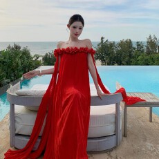 批发实拍欧美时尚一字肩立体花露肩飘带设计长款直筒裙<b class='q'>礼服</b>