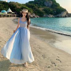 批发实拍南法假日 小心机扭结<b class='q'>露背</b>度假<b class='q'>连衣裙</b>大摆遮肉显瘦吊带长裙