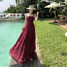 批发绝美海岛度假纯欲法式气质吊带<b class='q'>露背</b>绑带大摆<b class='q'>连衣裙</b>仙女沙滩裙