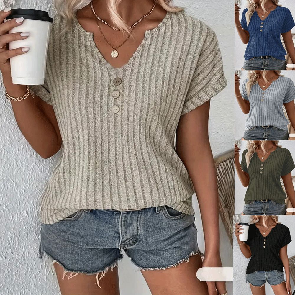 유럽과 미국 패션 다용도 구덩이 기사 반팔 티셔츠 여성 2026 여름 새로운 단추 V넥 니트 풀오버 셔츠 여성