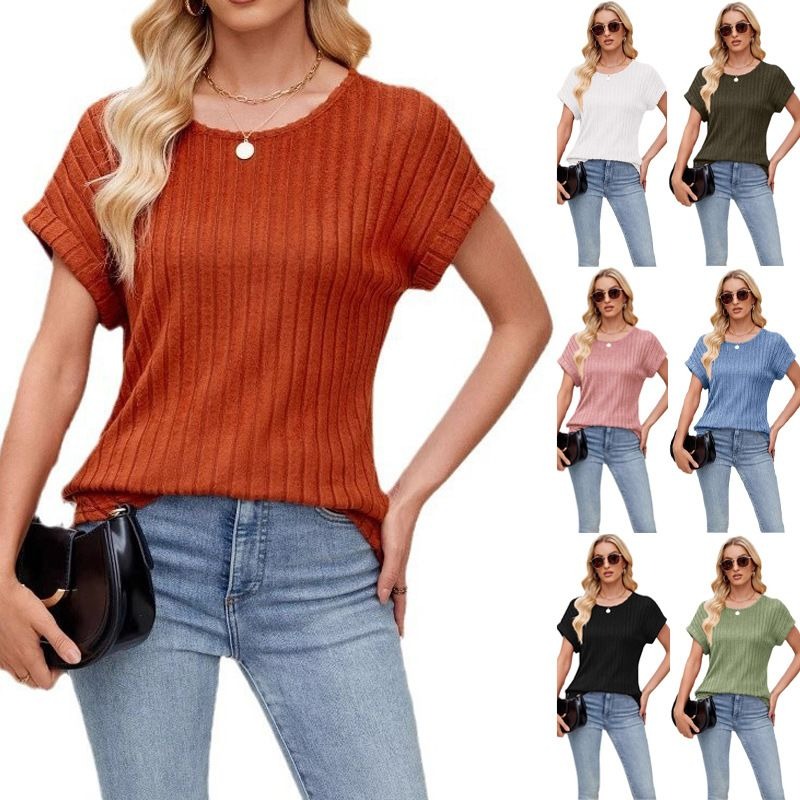 2026 유럽과 미국 국경 간 봄 신제품 temu 폭발 단색 라운드 넥 구덩이 기사 캐주얼 반팔 티셔츠 빅 사이즈 외출용