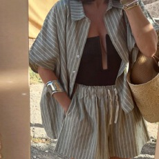 批发跨境欧美2025夏季速卖通条纹<b class='q'>衬衫</b>口袋短<b class='q'>裤</b> 宽松休闲套<b class='q'>装</b>女