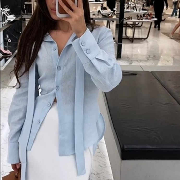 국경 간 독립적 인 역 2025 유럽과 미국 가을 새로운 프랑스식 레이스업 면 린넨 얇고 가벼운 맨위 여성 셔츠