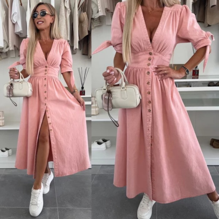 2026 국경 간 대외 무역 패션 롱 스커트 V넥 반팔 루즈핏 데님 롱 코트 단추 여성 드레스
