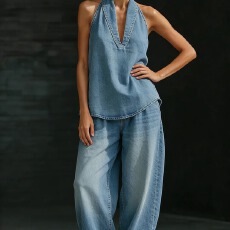 批发欧美跨境夏季新款复古磨白水洗原生感牛仔套装爆款直筒休闲<b class='q'>长裤</b><b class='q'>女</b>