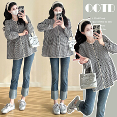 批发实拍大货~孕妇装2026早春新款花边黑白格纹薄款衬衫宽松百搭上衣