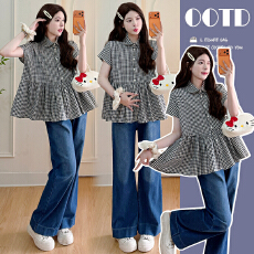 批发实拍~孕妇装<b class='q'>夏</b>装2026新款复古棉质格子短袖衬衫宽松孕妇上衣