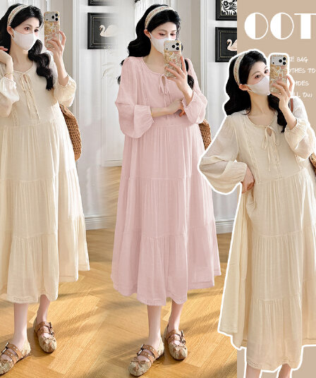실사 출산 착용 2026 이른 가을 새로운 레이스업 임산부 드레스 패션 레이스 패치워크 질감 차 휴식 치마
