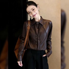 个性咖色衬衫皮面拼接衬衫复古翻领休闲长袖宽松上衣2026春季女