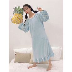 批发实拍 秋冬季加绒加厚白色甜美法兰绒睡裙长袖套头睡衣女家居服
