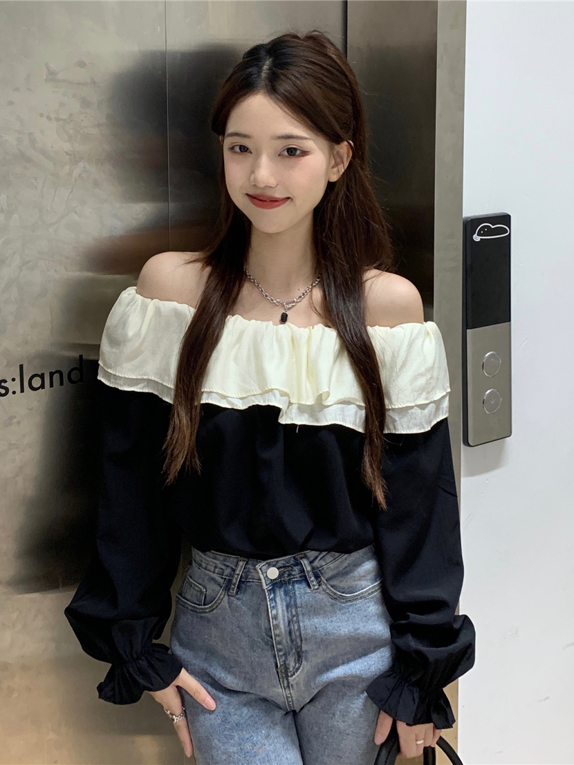 실사 정가 프랑스식 레트로 오프숄더 패치워크 맨위 달콤함 품격 프릴 긴팔 셔츠 쉬폰 블라우스