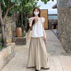 批发实拍实价韩系甜美套装褶皱纯色泡泡袖衬衫女高腰休闲裤裙裤两件套