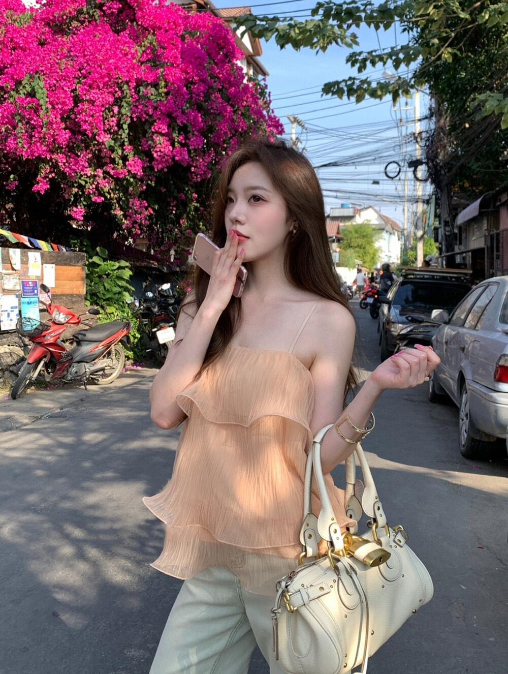여름 순수한 욕망 바람 프릴 조끼 슬립 작은 셔츠 맨위 품격 디스플레이 주름 장식 연령 감소 쉬폰 블라우스