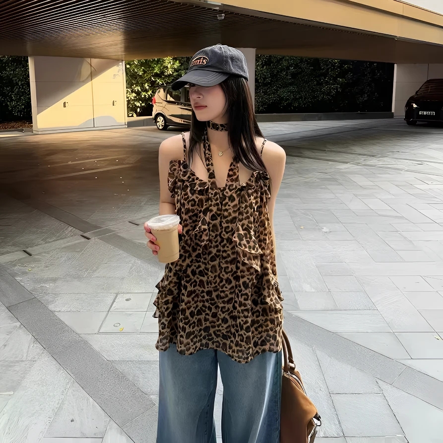 아메리칸 레트로 스타일 무거운 작업 레오파드 무늬 캐미솔 여름 새로운 작은 대중 디자인 센스 몸매 가꾸기 슬림해 보이는 맨위