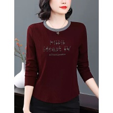 批发酒红色长袖T恤女休闲上衣新款妈妈装2025年<b class='q'>春</b>秋季内搭女士打底衫