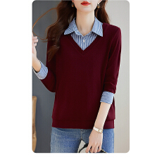 批发假两件毛衣女洋气秋季新款宽松<b class='q'>衬衫</b>领撞色上衣大码拼接长袖针织衫