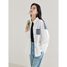 批发简约<b class='q'>宽松</b>牛仔拼接白衬衫外套女2026春季新款独特休闲开衫上衣