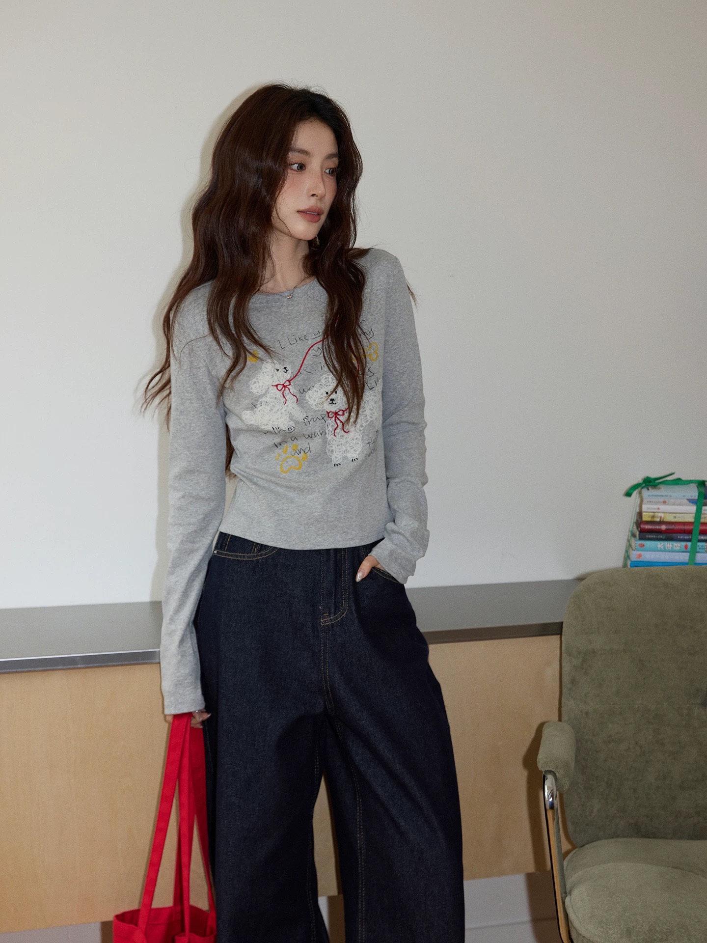 MY17055# 新款内搭长袖T恤女灰色短款上衣正肩修身打底衫可外穿女裝貨源服裝批發