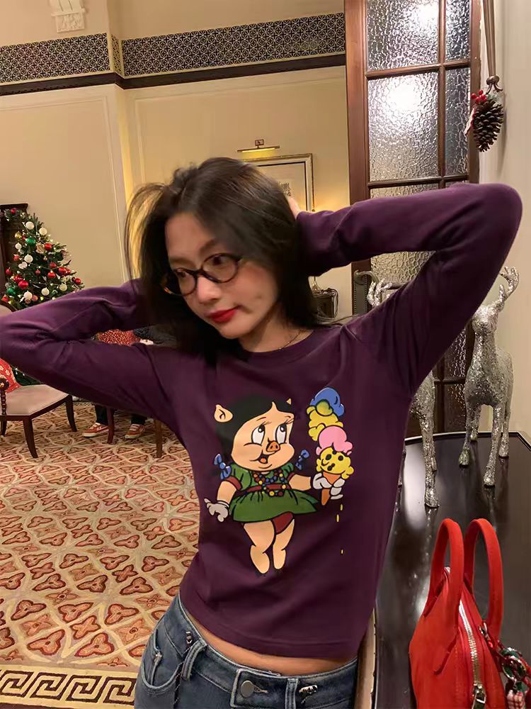 MY17050# 紫色打底衫女内搭可外穿新款设计感长袖T恤显瘦女裝貨源服裝批發