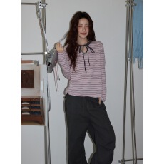 批发粉色条纹圆领T恤女2026早春气质宽松休闲显瘦长袖内搭上衣