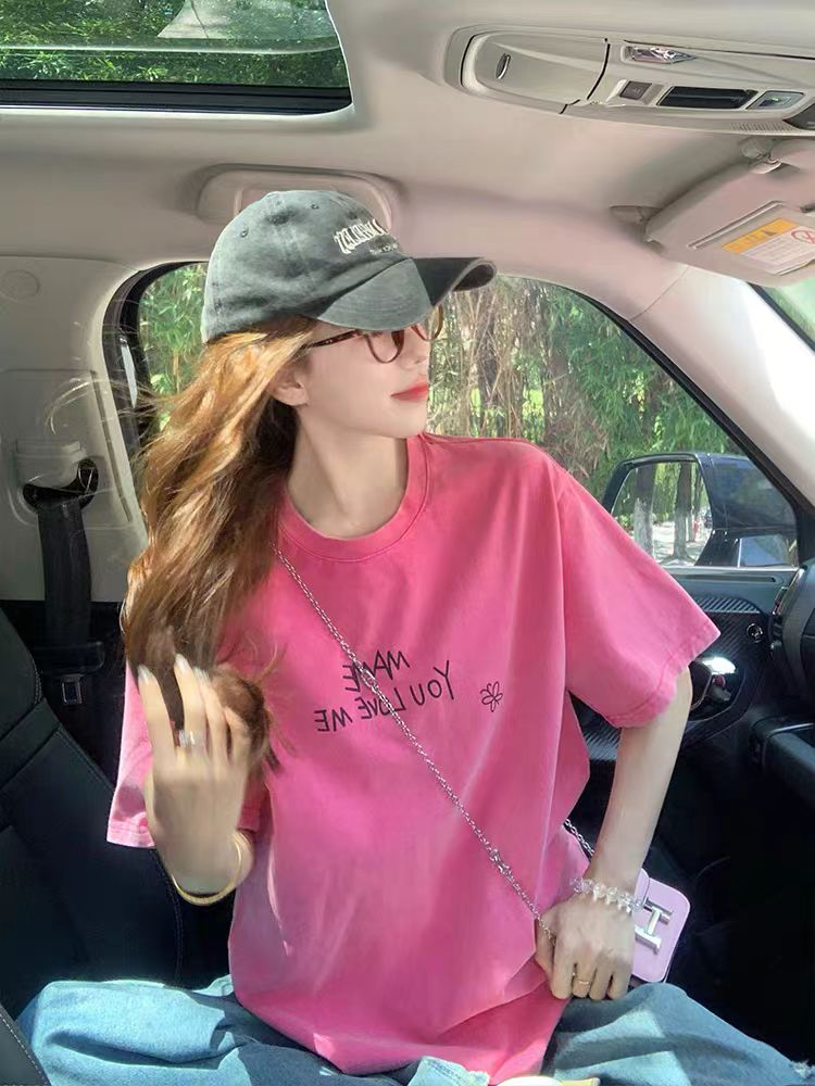 MY17318# 粉色潮牌短袖t恤新款夏季美式宽松小众设计感重磅涂鸦上衣女裝貨源服裝批發