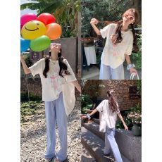 批发活泼减龄彩色涂鸦短袖t恤女夏季<b class='q'>甜美</b>奶芙蓝休闲上衣