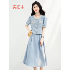 批发夏装法式小香风气质短袖上衣半身裙两件套<b class='q'>大码</b>胖妹妹收腰减龄裙子