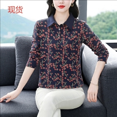 批发印花长袖T恤女有领中年妈妈上衣2026年<b class='q'>春</b>装新款百搭宽松popl衫