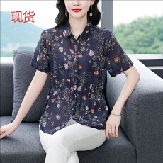 批发夏季新款苎麻印花衬衫女复古短袖亚麻女装宽松小碎花上衣女衬衣